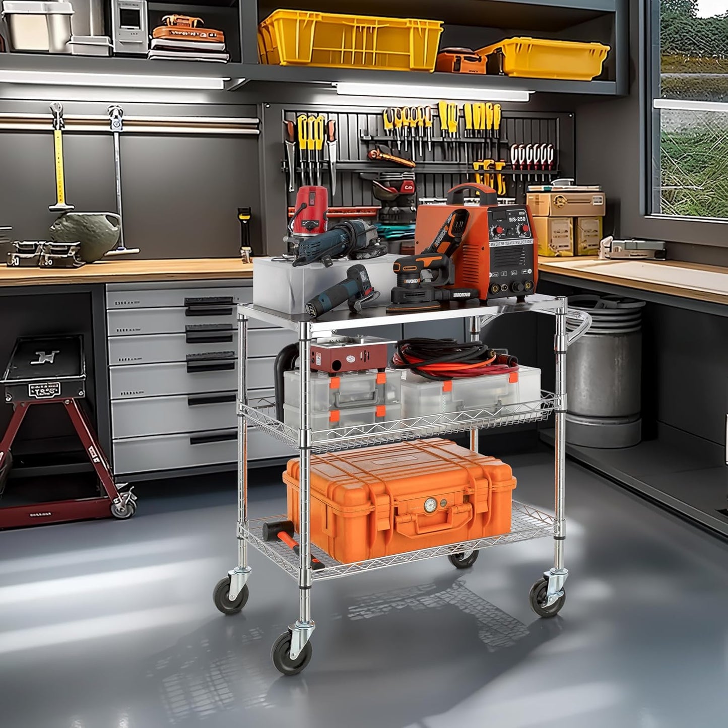 Finnhomy 3 Tier Heavy Duty Commercial Grade Utility Cart with Wood Top, Wire Rolling Cart with Wheels and Handle Bar, Kitchen Carts on Wheels, Metal Cart with 600 LBS Capacity, Chrome