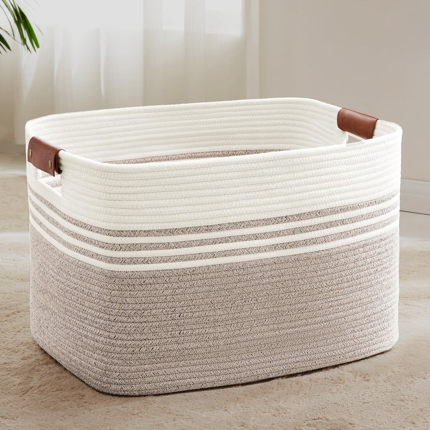 86L Extra Large Laundry Basket with Leather Handles for Living Room Storage, Woven Rope Baskets for Blanket, Kids Toy, Gifts, Wicker Hamper for Bedroom Dirty Clothes, 24"x16"x14" White Brown