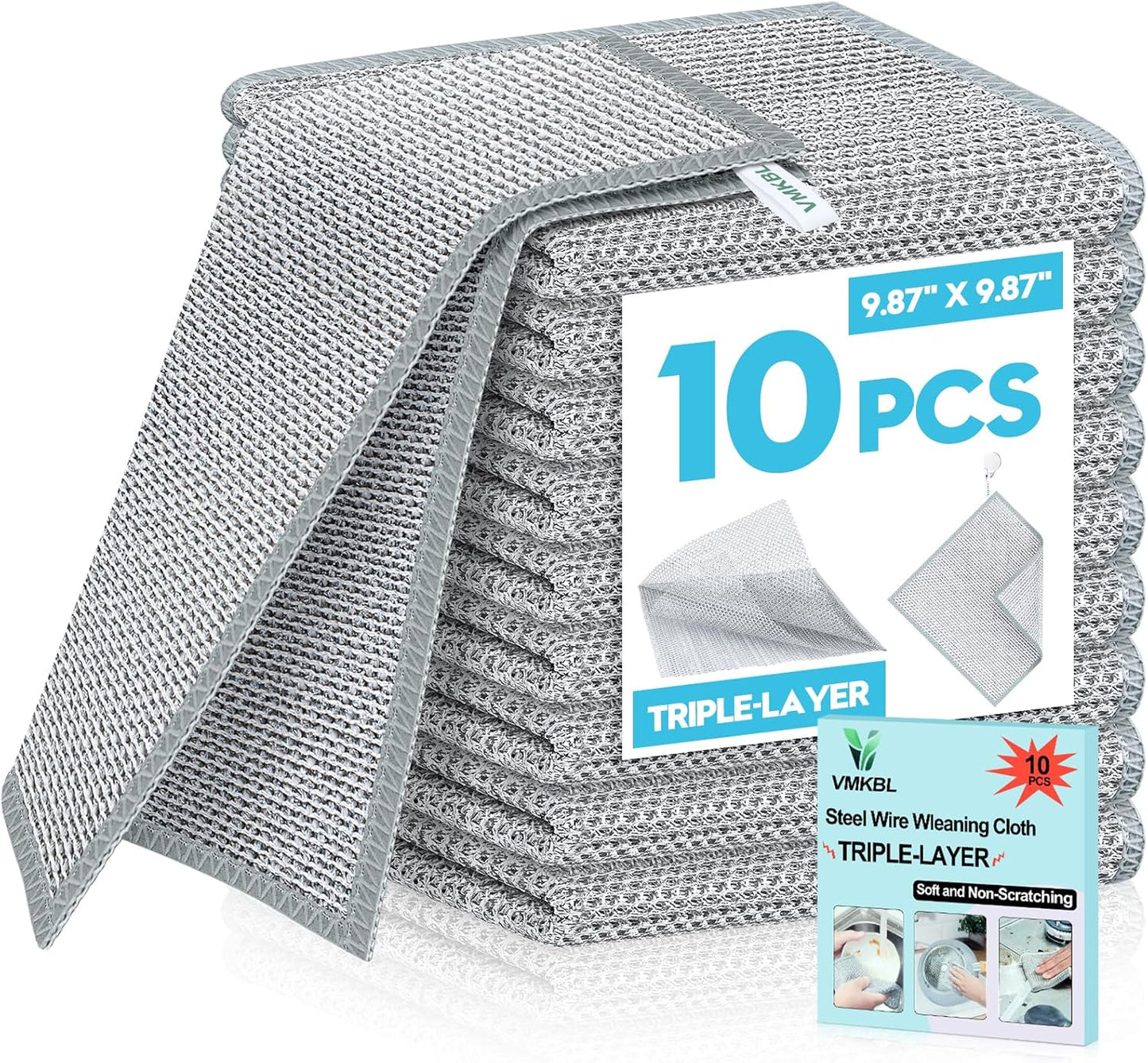 10 Pcs New Upgraded 3 Layers Non Scratch Wire Dishcloth, Multipurpose Wire Steel Wool Scrubber, Wet & Dry for Cookware, Sinks, Dishes, Stoves & Fireplaces 9.87“ x 9.87”