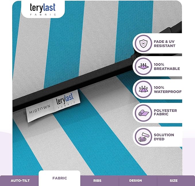 Midtown Umbrellas The Lean 8 Feet Outdoor Umbrella With Terylast Cobalt Stripes (Blue/White Stripes) Polyester Fabric - Auto-Tilt Aluminum Frame Patio Umbrella For Deck, Garden, Pool - Black Pole