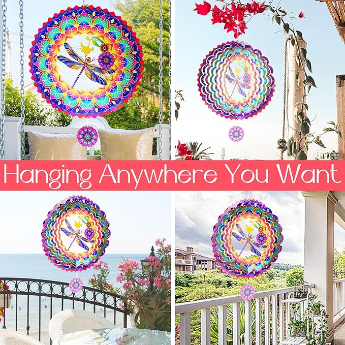 Dragonfly Mandala Wind Spinners Garden Yard Decor Gift for Women Men, 12 Inch Outdoor Metal 3D Wind Spinner, Stainless Steel Hanging Wind Catchers Kinetic Sculpture for Outside Decoration