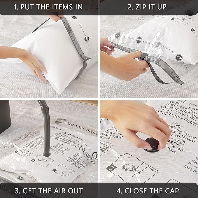 SUOCO 4 Jumbo XXL Vacuum Storage Bags, Space Saver Bags with Travel Hand Pump, Compression Airtight Sealer Bags for Clothes, Pillows, Comforters, Blankets