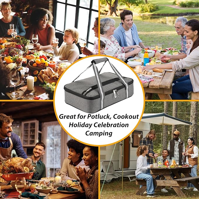 Stack Store Plus More Gray Insulated Casserole Carrier for Hot or Cold Food, Lasagna Holder for Picnic, Potluck, Cookout – Fits 9”x13” or 11”x15” Baking Dish – Thermal Tote