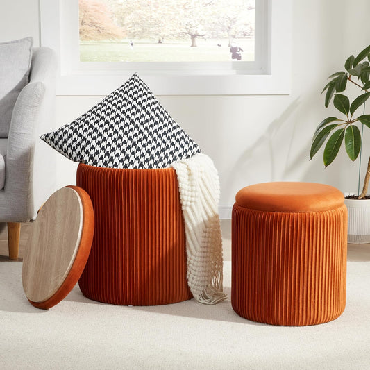Round Ottoman with Storage Set of 2,Vanity Stool with Storage for Bedroom, Ottoman Coffee Table,Small Velvet Foot Stool for Living Room, Orange