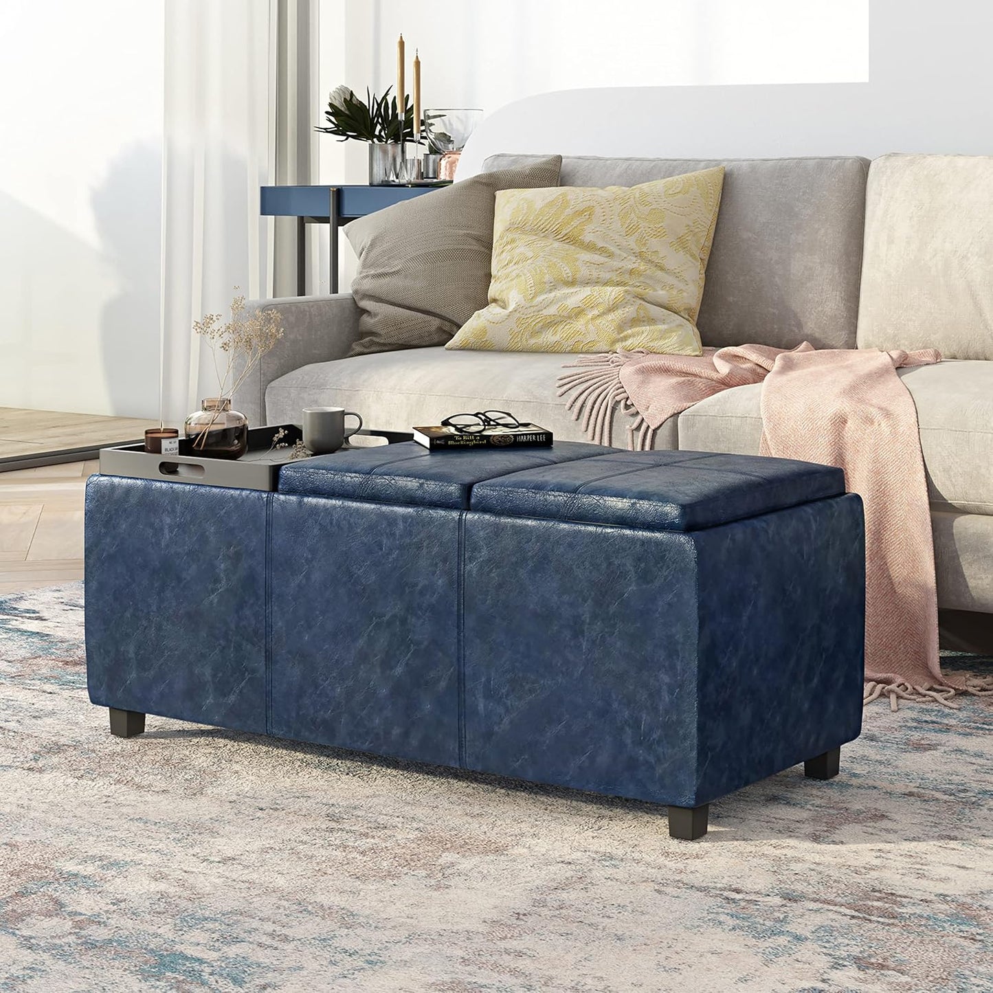 SIMPLIHOME Avalon 42 inch Wide Contemporary Rectangle Storage Ottoman in Denim Blue Vegan Faux Leather, Assembled, for the Living Room, Entryway and Family Room