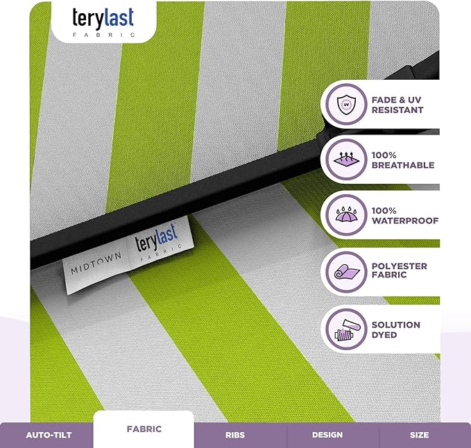 Midtown Umbrellas The Lean 9 Feet Outdoor Umbrella With Terylast Pear Stripes (Green/White Stripes) Polyester Fabric - Auto-Tilt Aluminum Frame Patio Umbrella For Deck, Garden, Pool - Black Pole