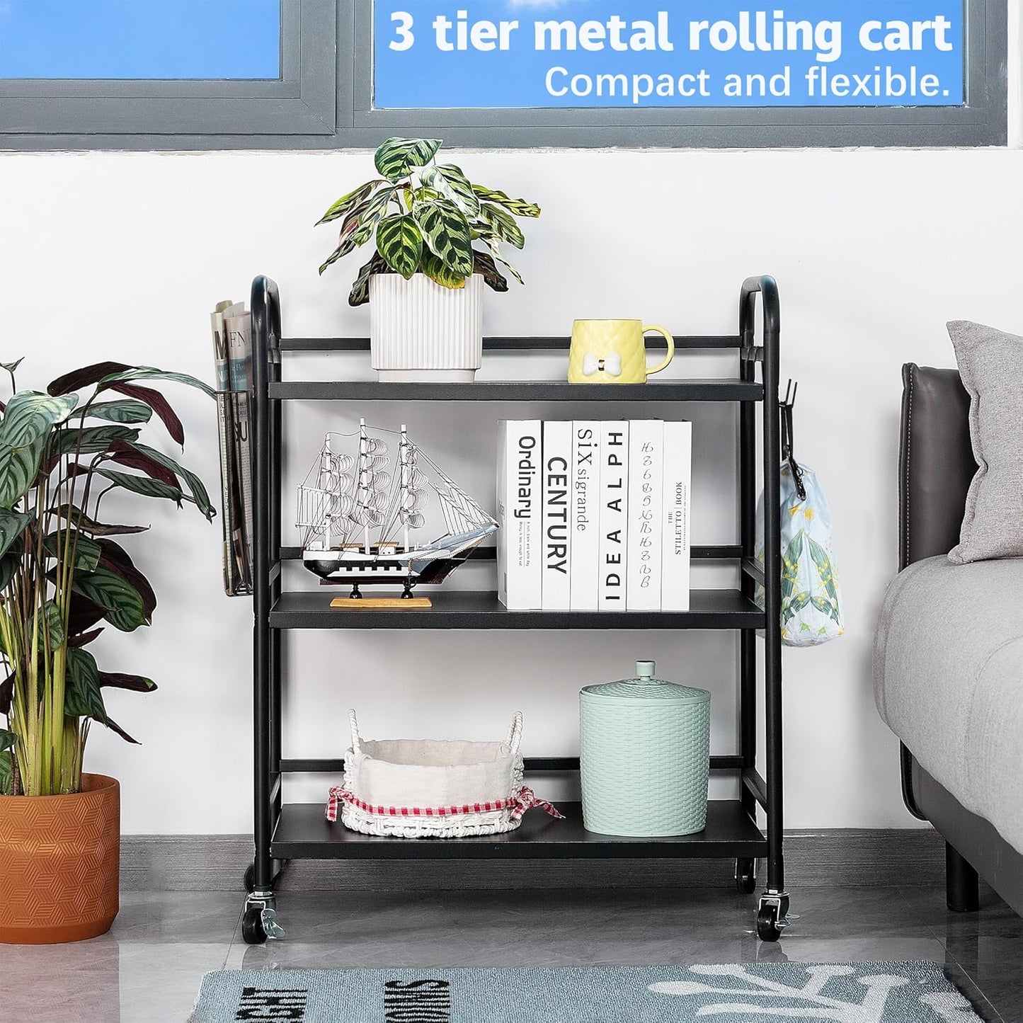 HDANI 3 Tier Metal Rolling Utility Cart,High Capacity Multi Purpose Heavy Duty Cart,for Office,Kitchen,Living Room,Bedroom,Etc.(Black)…
