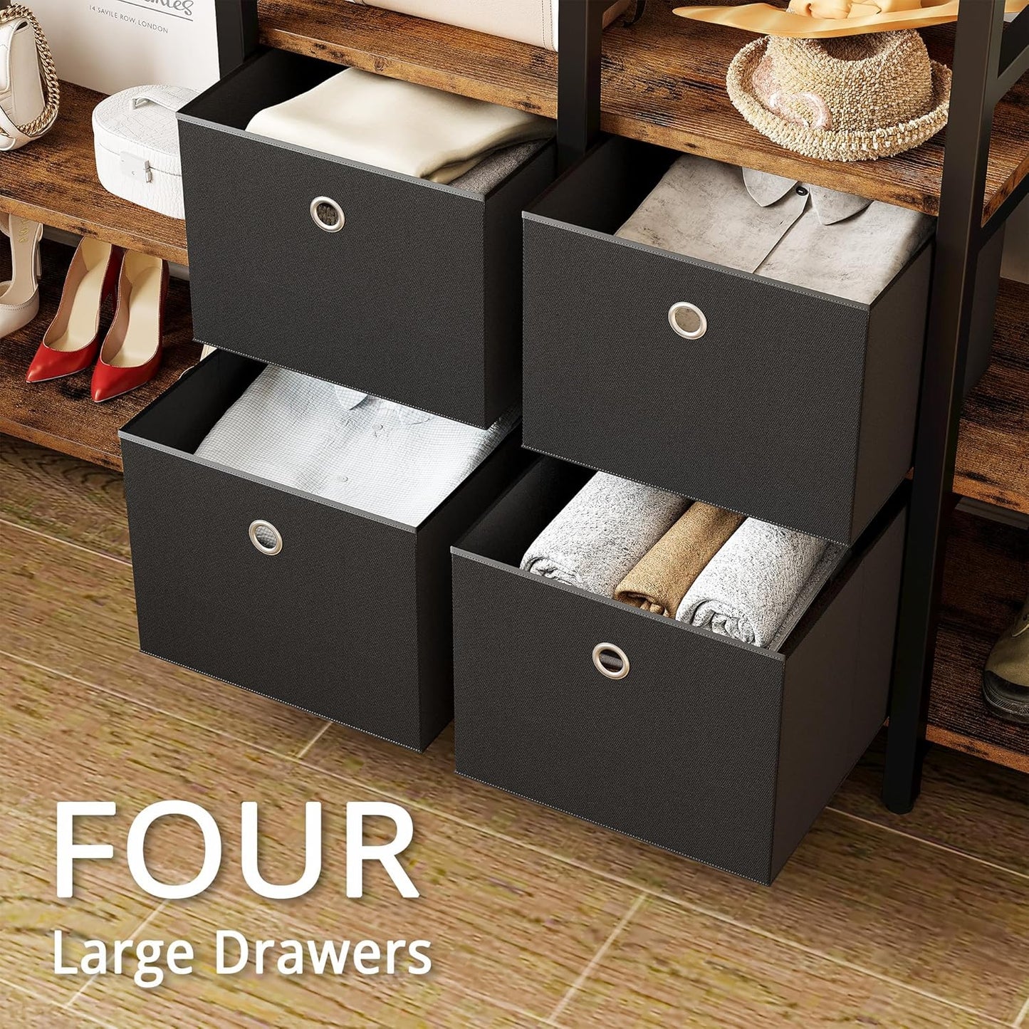 IRONCK Garment Racks with Shelves 4 Drawers and 8 Hooks Heavy Duty Closet Organizer for Hanging Clothes, Freestanding Closet Wardrobe Rack, Vintage Brown