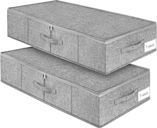 Under Bed Storage, 2 Pack Underbed Storage Container Bags With Lid, Foldable Sturdy Clothes Storage Drawer Organizer W/ 3 Handles, Ultra Thick Fabric Blanket Shoe Storage Box, 30x15x6.7inch, Grey