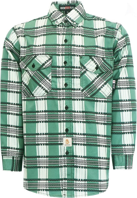 BOCOMAL FR Shirts for Men Printed Plaid Flame Resistant NFPA2112/CAT2 6.5oz Lightweight Fire Retardant Shirt