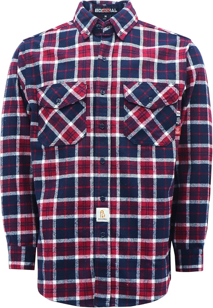 BOCOMAL FR Shirts for Men Welding Shirt Plaid 8.5oz Heavyweight Fire Retardant/Flame Resistant Welding Jacket