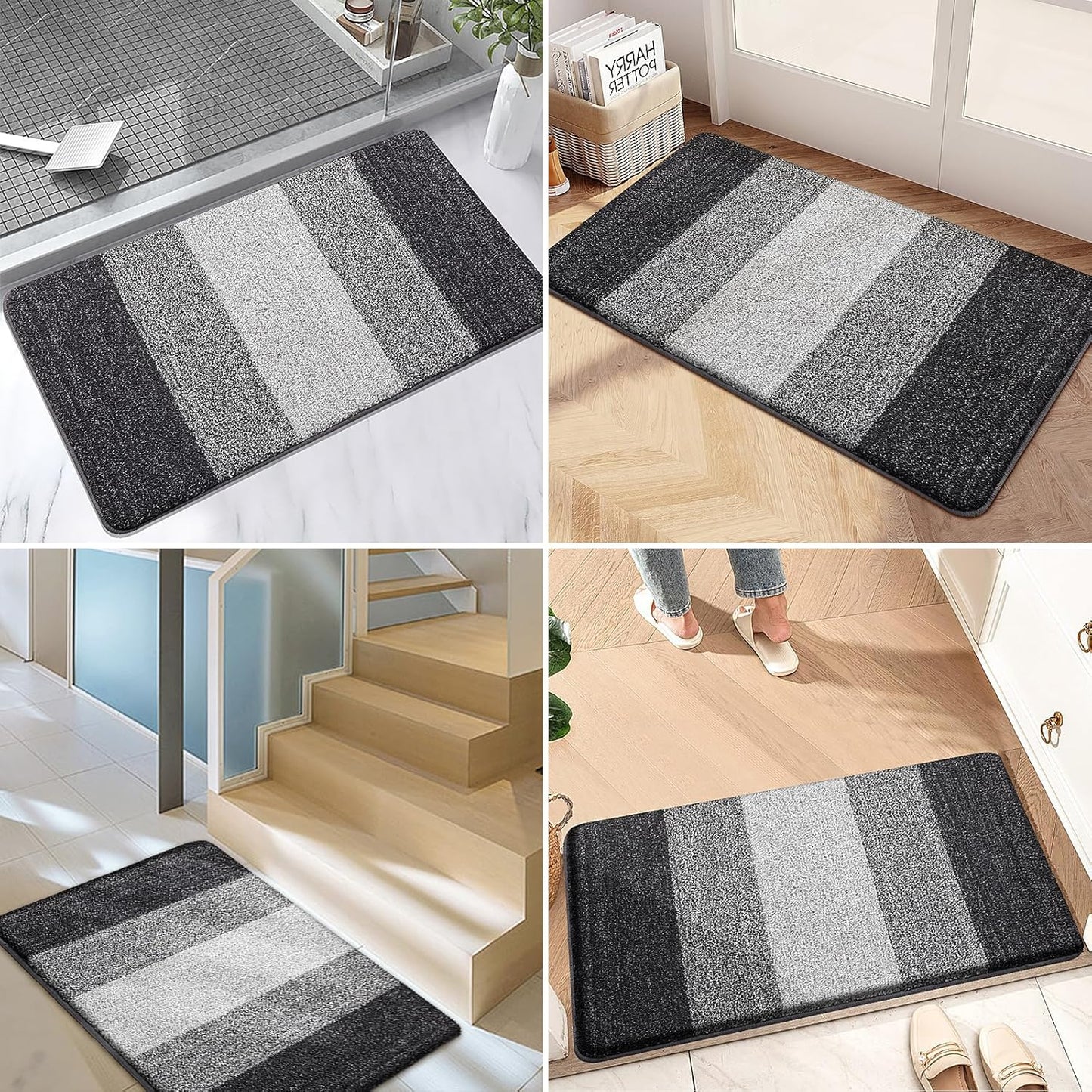Kitinjoy Indoor Outdoor Door Mat, 24x16 Non-Slip Absorbent Dirt Trapper, Low-Profile Washable Inside Entrance Front Floor Mat, Sturdy Soft Entry Doormats for Entryway, Grey