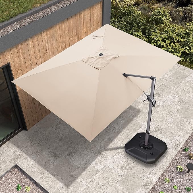 PURPLE LEAF 9' X 11.5' Patio Umbrella with Base Outdoor Cantilever Rectangle Umbrella Offset Umbrella with 360-degree Rotation for Garden Deck Pool Patio, Beige