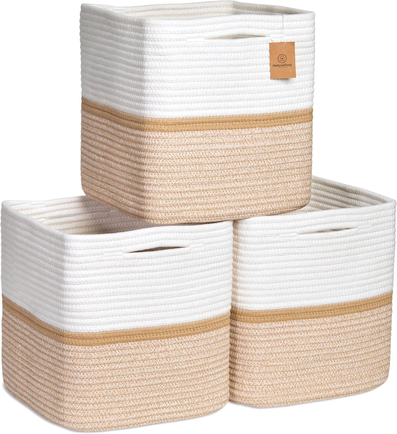 NaturalCozy Storage Cubes 11 Inch Cotton Rope Woven Baskets for Organizing, 3-Pack | Cube Storage Bin | Square Storage Baskets for Shelves Organizer, Classroom, Kids Toy Bins, Closet, Baby Nursery