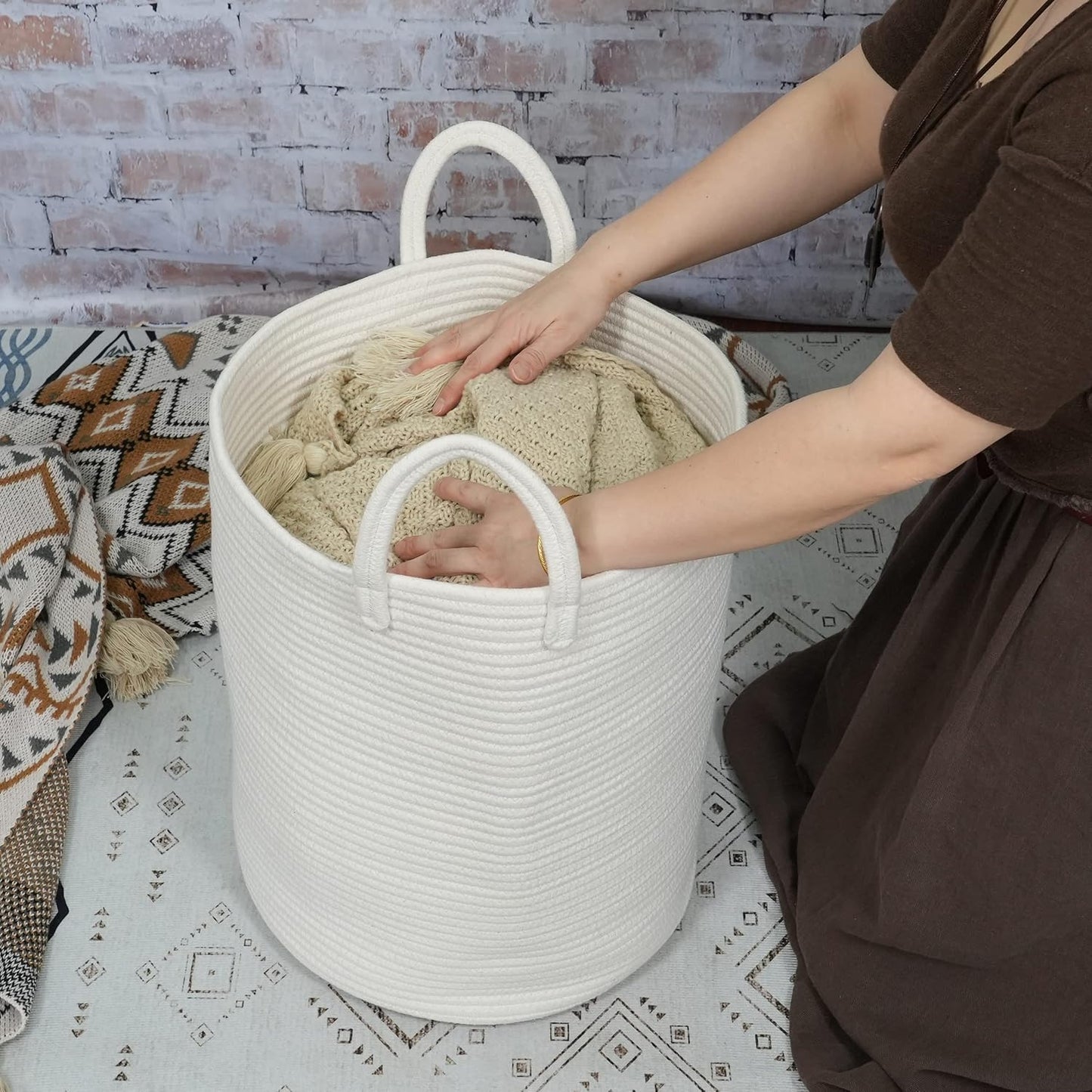 Cotton Rope Laundry Basket Hamper for Clothes Decorative Woven Storage Basket for Living Room Bedroom Boho Tall Rope Baskets for Blanket Toys Baby Nursery Hamper Bin Large white