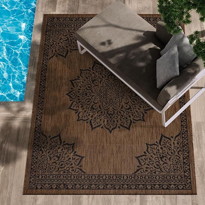 CAMILSON Outdoor Rug, 10x14 Medallion Nut Brown Black Modern Area Rugs for Large Indoor and Outdoor Patios, Kitchen and Hallway Mats, Washable Porch Deck Outside Carpet (Nut Brown Black, 10 x 14)