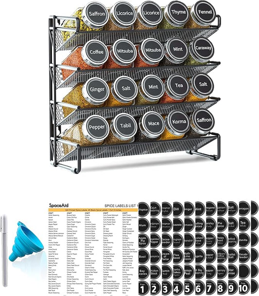 SpaceAid Spice Rack Organizer with 20 Spice Jars, 386 Spice Labels, Chalk Marker and Funnel Set for Cabinet, Countertop, Pantry, Cupboard or Door & Wall Mount - 20 Jars, 9.8" W × 10.8“H, Black