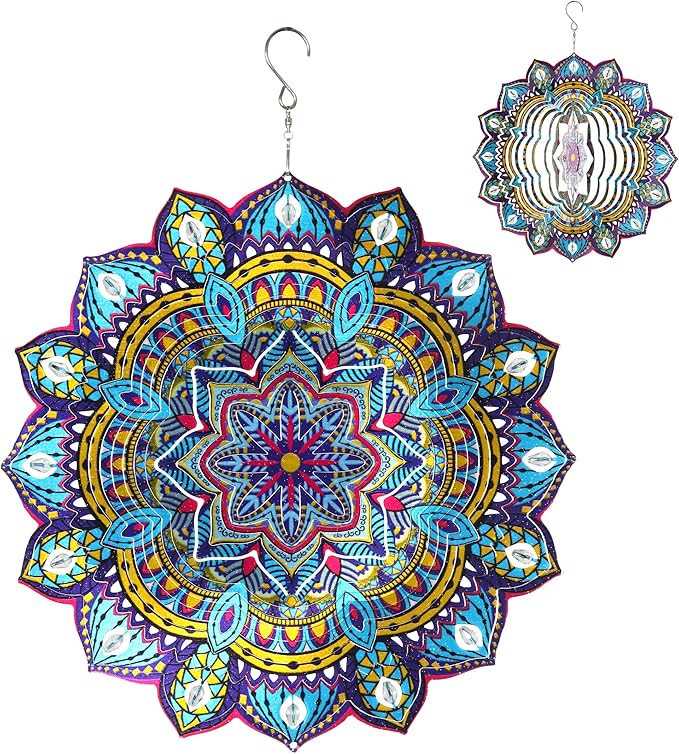 Exhart Wind Spinner, Starburst Mandala Wind Sculpture, 3D Laser Cut Patterns with Bead Details, Metal Outdoor Garden Decoration, Multicolor Lawn and Yard Art, 12 Inch