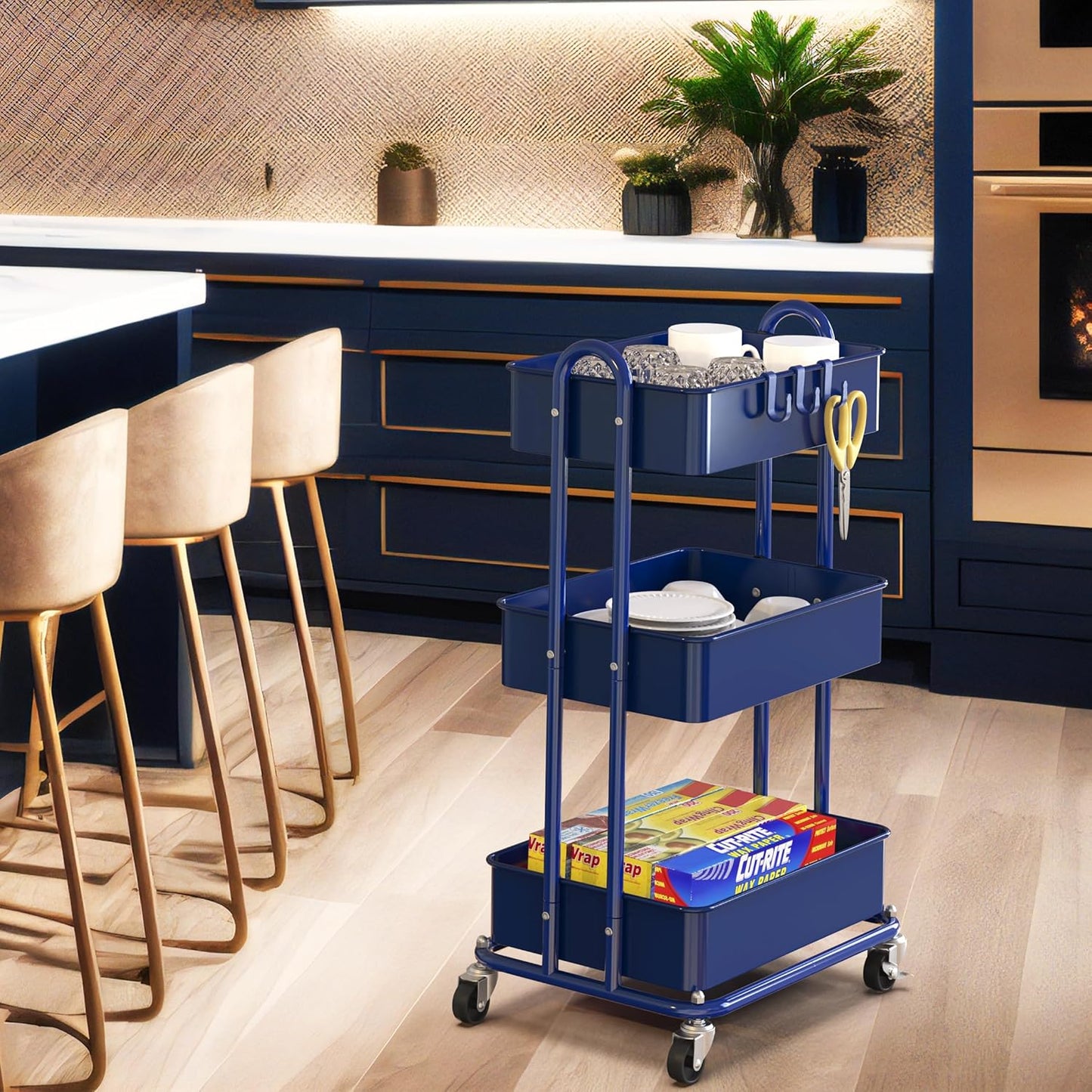 Simple Houseware 3-Tier Heavy Duty Metal Utility Rolling Cart, Navy