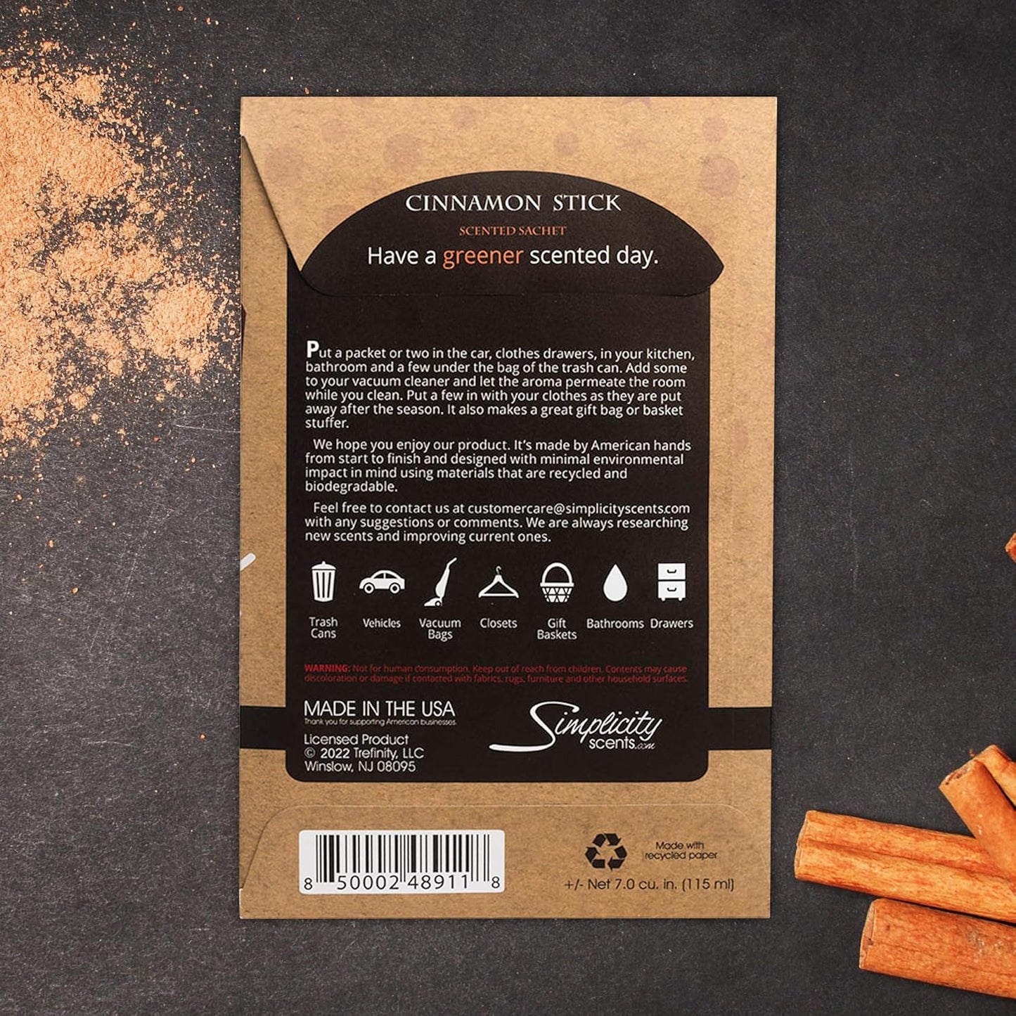 Simplicity Scents Cinnamon Sticks Scented Sachets Pack of 3, Fall & Winter - Long-Lasting Scented Bags, Home Fragrance, Air Freshener & Deodorizer for Closet, Room, Drawer, or Cars, Made in The USA