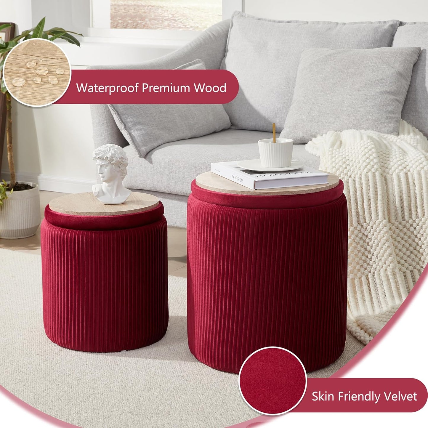 Royal Windsor Round Ottoman with Storage Set of 2,Vanity Stool with Storage for Bedroom, Ottoman Coffee Table,Small Velvet Foot Stool for Living Room, Burgundy