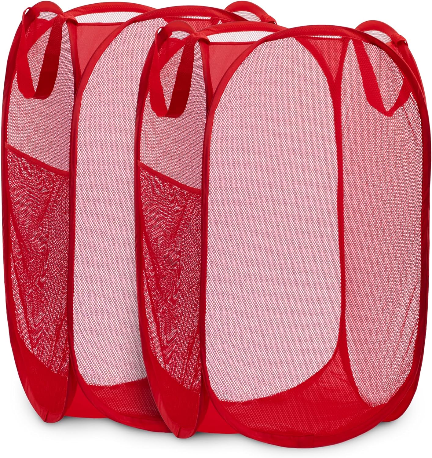 Handy Laundry Collapsible Mesh Pop Up Hamper with Wide Opening and Side Pocket - Breathable, Sturdy, Foldable, and Space-Saving Design for Clothes and Storage (Red | 2-Pack)