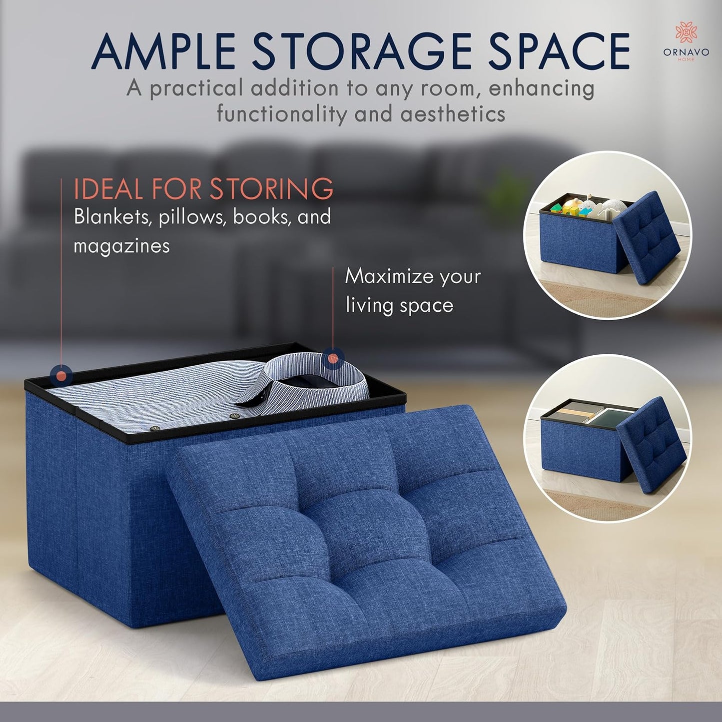 Ornavo Home Small Storage Ottoman, Set of 2, Foldable Collapsible Rectangle Linen Ottoman Foot Rest Stool Seat, for Living Room, Bedroom, Home Office, Dorm - 12 x 16 x 12, Navy Blue