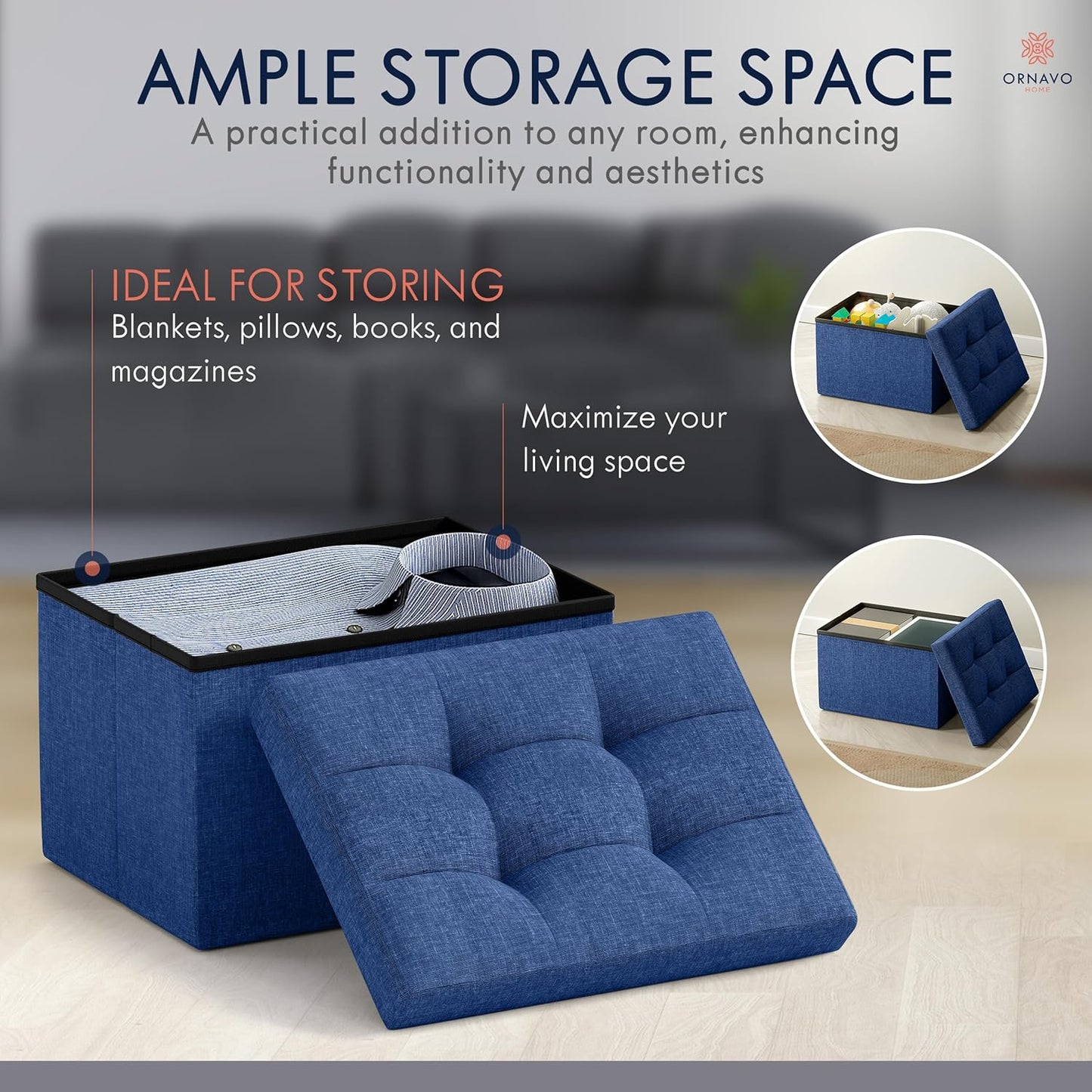 Ornavo Home Small Storage Ottoman Foldable Collapsible Rectangle Linen Ottoman Foot Rest Stool Seat, for Living Room, Bedroom, Home Office, Dorm - 12 x 16 x 12, Navy Blue