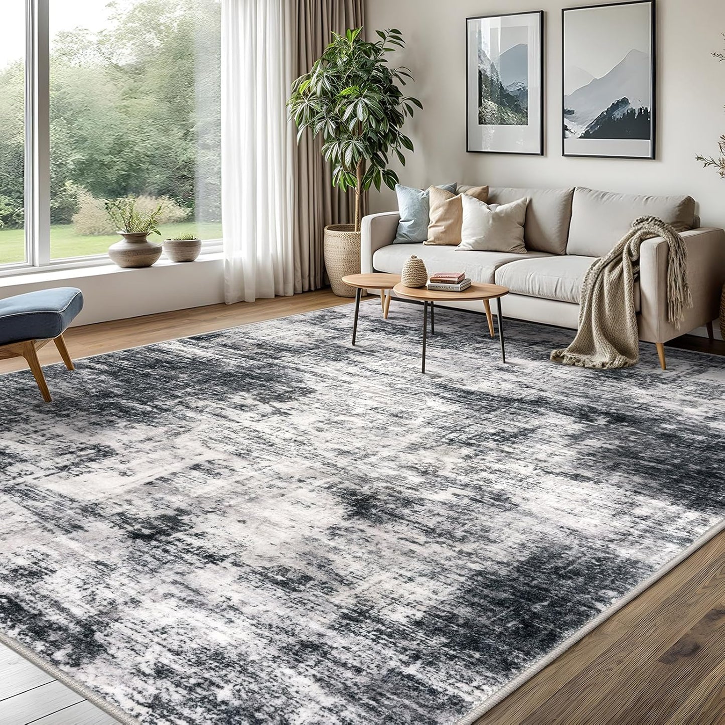 IOHOUZE Abstract Area Rugs 8x10 Ft Washable Large Rugs for Living Room, Non Slip Dining Room Rug, Printed Faux Wool Rugs for Bedroom, Floor Carpet for Office Nursery Playroom, Black Grey