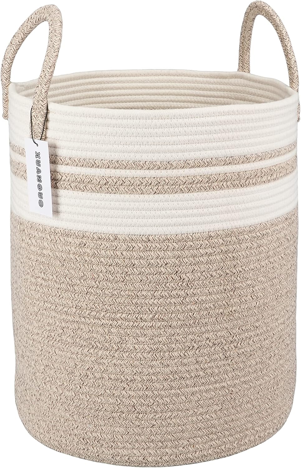 Cotton Rope Laundry Basket Hamper for Clothes Woven Storage Basket for Living Room Bedroom Boho Tall Rope Baskets for Blanket Toys Pillow Towels Baby Nursery Hamper Bin Large brown and white