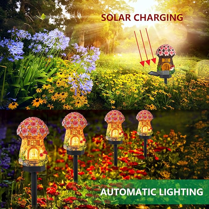 Dazzle Bright Solar Mushroom Lights Fairy Garden Lights for Home Decor Outdoor Decorative Stakes Mushroom House Solar Powered LED Landscape Lighting for Lawn, Walkway, Patio, Yard