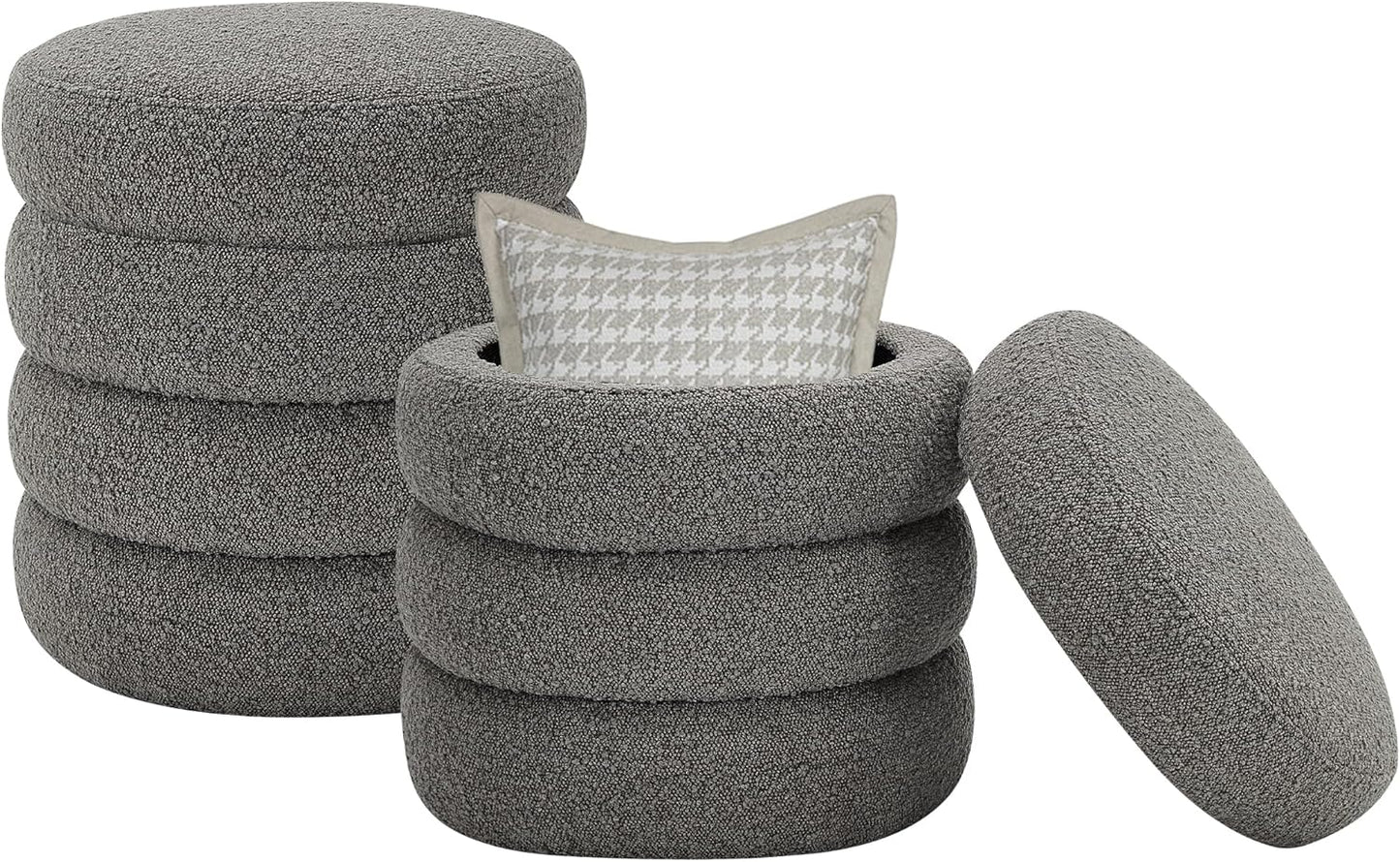 Round Ottoman with Storage Boucle Ottoman Stool Removable Lid for Living Room Modern Upholstered Vanity Storage Stool Foot Rest Bedroom Dorm Gifts Set of 2 (Grey)