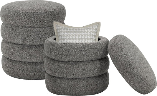 Round Ottoman with Storage Boucle Ottoman Stool Removable Lid for Living Room Modern Upholstered Vanity Storage Stool Foot Rest Bedroom Dorm Gifts Set of 2 (Grey)