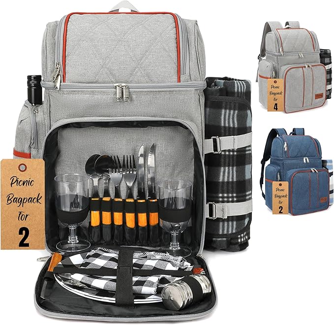 Rnoony Picnic Backpack for Camping, Picnic Basket for with Insulated Cooler Bag and Bottle Pouch,Camping Gifts for Couples with Lightweight Blanket and Cutlery Set for Family, Couple and Hiking