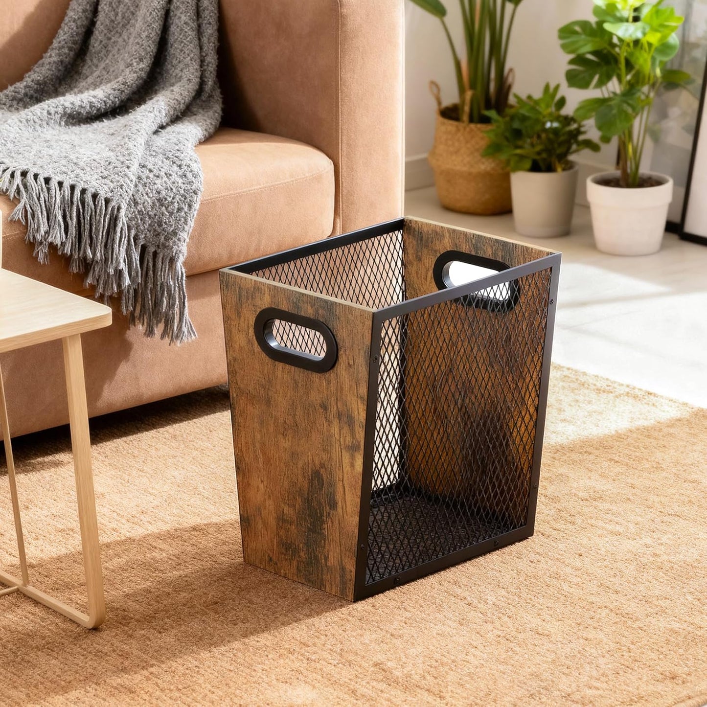 Piskyet Rustic Office Trash Can for Near Desk,7 Gallon Unique Wood Bedroom Garbage Can,Vintage Wastebasket with Handle, Decorative Trash Can for Home Office,12.2" L x 9.6" W x 14.9" H,Rustic Brown