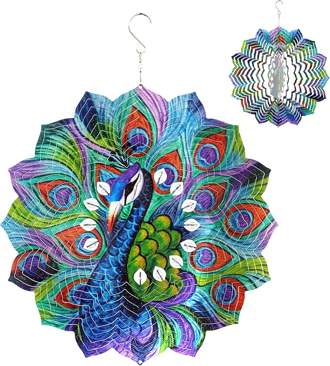 Exhart Wind Spinner, Peacock Mandala Hanging Wind Sculpture, 3D Laser Cut Patterns with Bead Details, Metal Outdoor Garden Decoration, Multicolor Lawn and Yard Art, 12 Inch