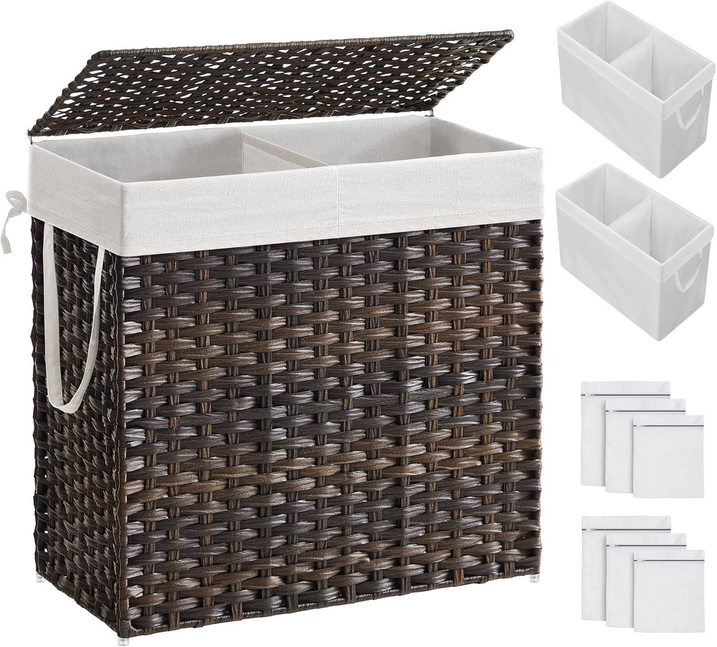 SONGMICS Laundry Hamper with Lid, 130L Clothes Hamper with 2 Removable Liner Bags and 6 Mesh Bags, Wicker Laundry Basket, Double Laundry Hamper for Bathroom, 13 x 26 x 23.6 Inches, Brown ULCB253K01