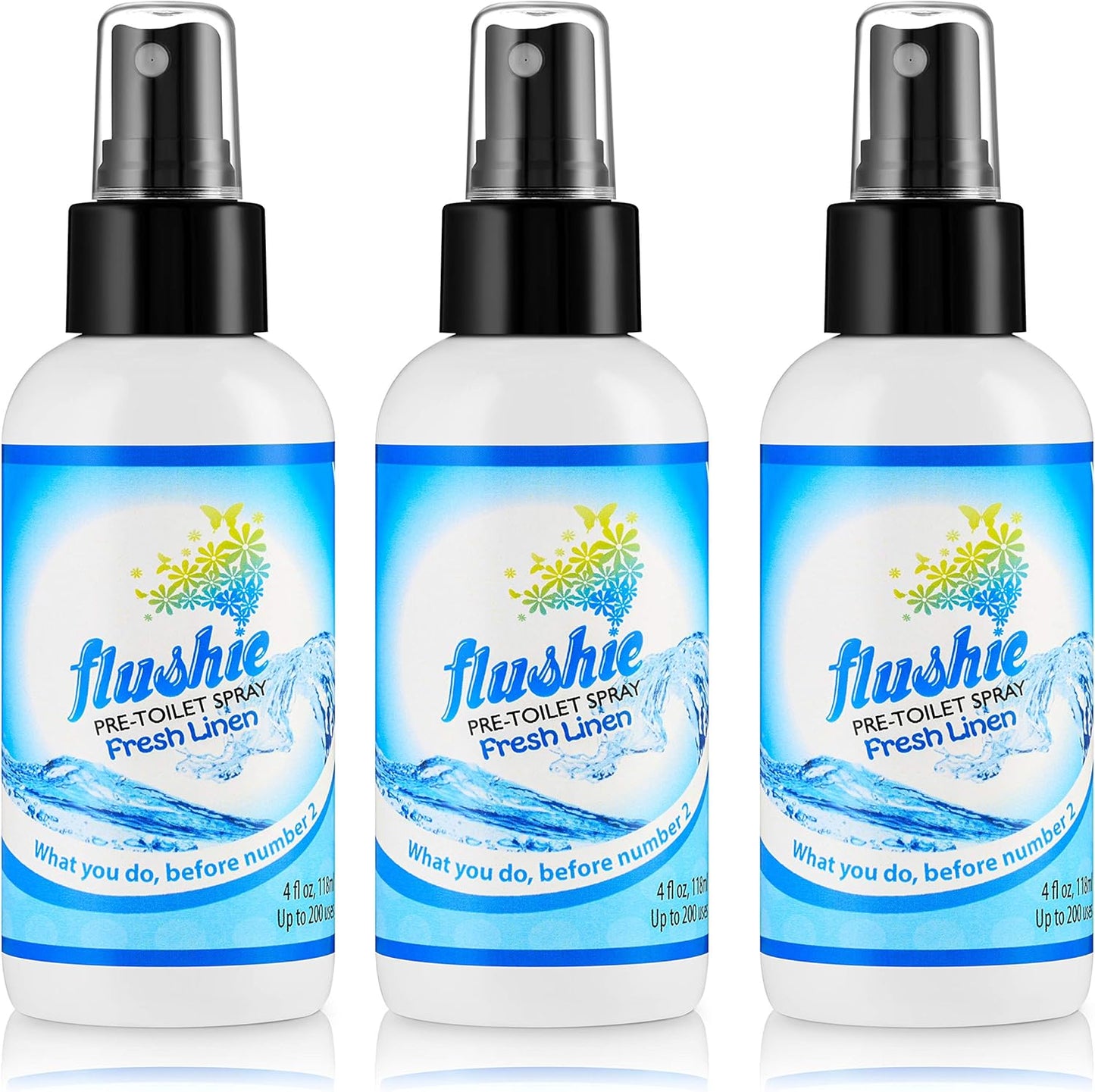 Flushie Pre-Toilet Spray: Travel Size Bathroom Spray for Toilet Deodorizer (4oz - Linen, 3 Pack)