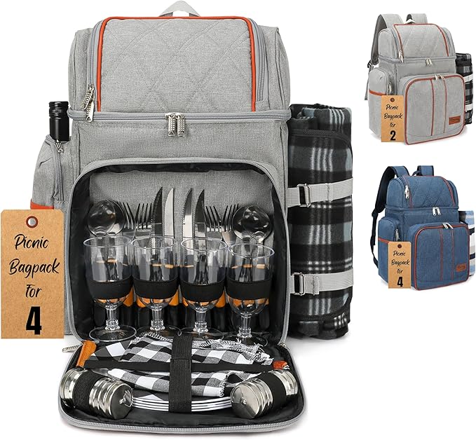 Rnoony Picnic Backpack for Camping, Picnic Basket for with Insulated Cooler Bag and Bottle Pouch,Camping Gifts for Couples with Lightweight Blanket and Cutlery Set for Family, Couple and Hiking