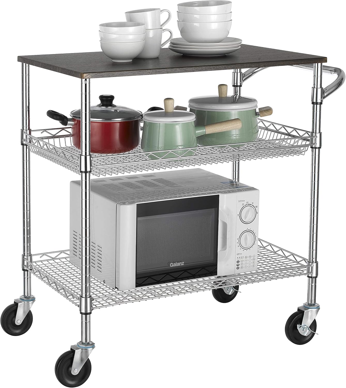 Finnhomy 3 Tier Heavy Duty Commercial Grade Utility Cart with Wood Top, Wire Rolling Cart with Handle Bar, Steel Service Cart with Wheels, Utility Shelf Food Storage Trolley, NSF Listed