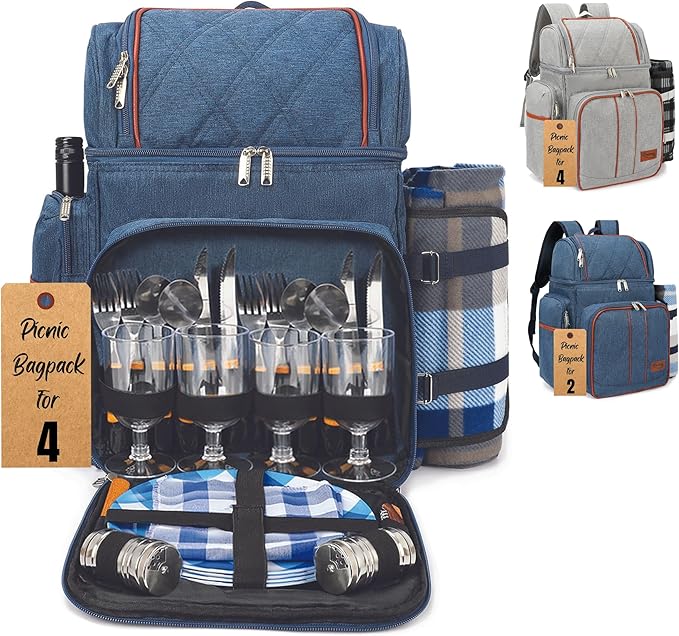 Rnoony Picnic Backpack for Camping, Picnic Basket for with Insulated Cooler Bag and Bottle Pouch,Camping Gifts for Couples with Lightweight Blanket and Cutlery Set for Family, Couple and Hiking