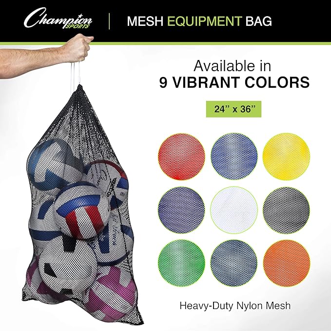 Champion Sports Mesh Equipment Bag – Heavy-Duty Nylon Drawstring Bag with Lock & ID Tag, Breathable Storage Sack for Balls, Swim Gear, Laundry & Toys, Multiple Sizes & Colors
