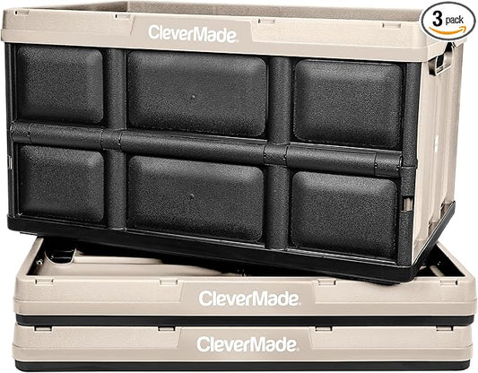CleverMade Collapsible Storage Bins - Tan 3 Pack 62L - Stackable Containers Heavy Duty Capacity Folding Crates - Space-Saving for Home