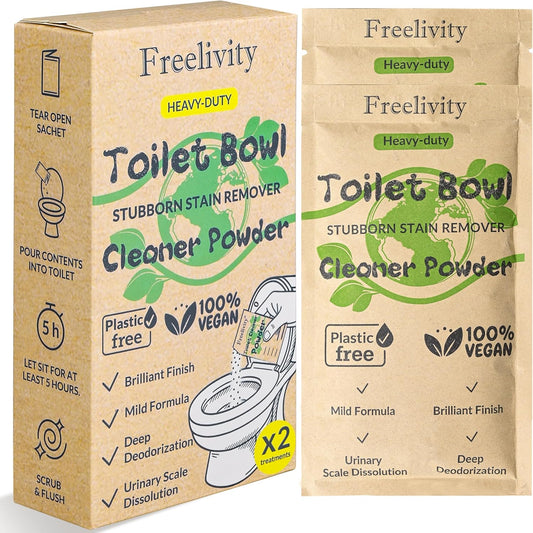 Freelivity Heavy Duty Toilet Bowl Cleaner Powder - Cleans Hard Water Rings, Calcium Buildup & Stains - 2 Treatments - Plastic-Free, 1 Pack