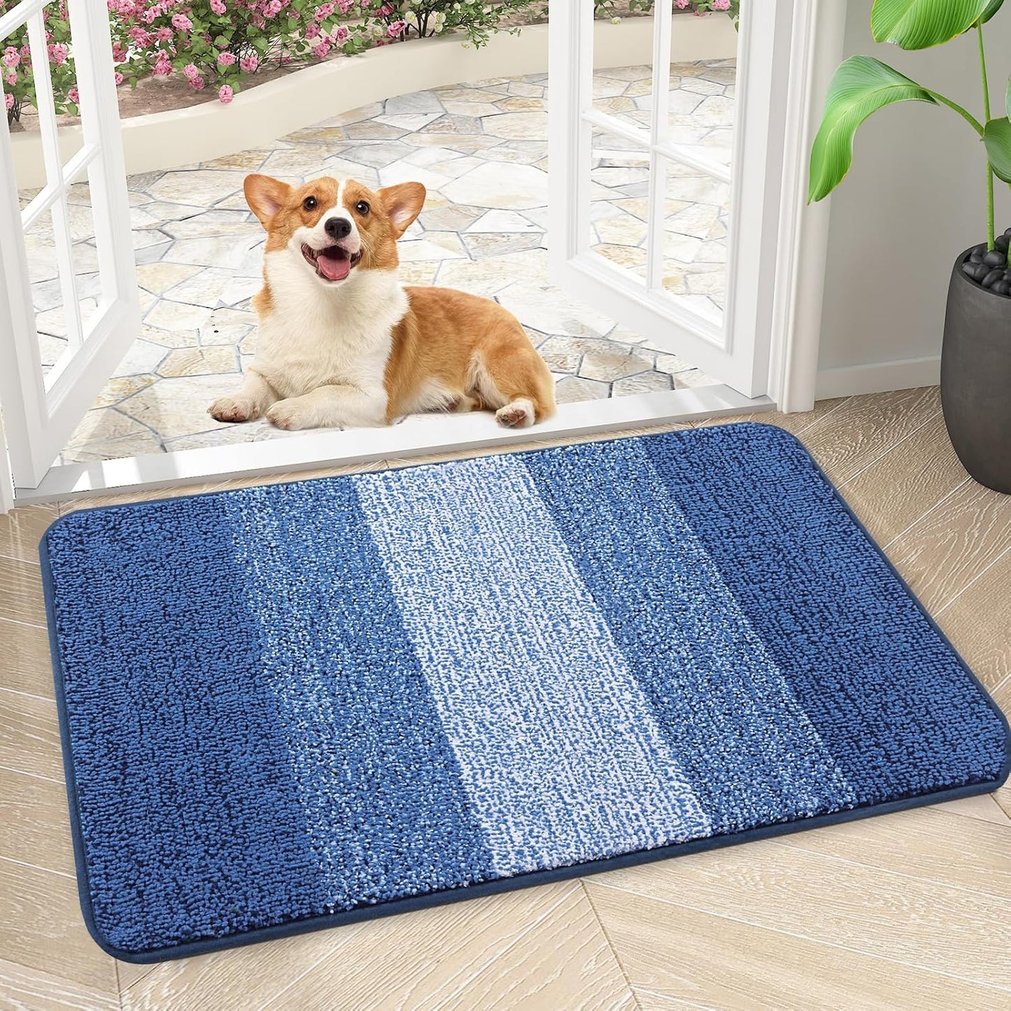 Kitinjoy Indoor Outdoor Door Mat, 24x16 Non-Slip Absorbent Dirt Trapper, Low-Profile Washable Inside Entrance Front Floor Mat, Sturdy Soft Entry Doormats for Entryway, Navy Blue