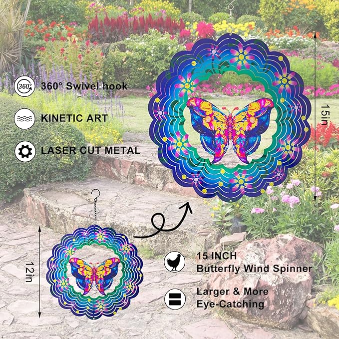 Butterfly Large Metal Wind Spinners - Butterfly Gifts for Women Mom Grandma Wife,15 inch Hanging Wind Spinner for Outdoor & Indoor Decorations,Wind Spinner for Christmas Ornament Gifts