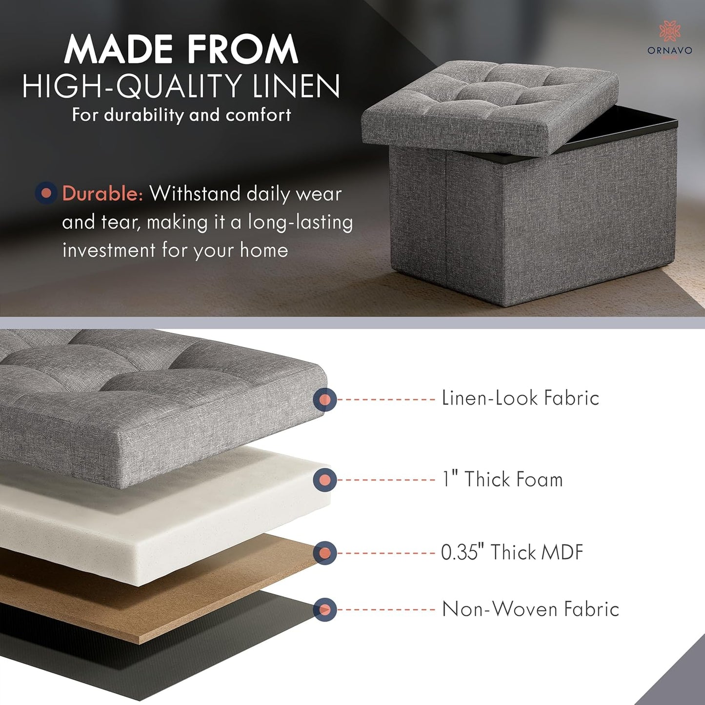 Ornavo Home Small Storage Ottoman Foldable Collapsible Rectangle Linen Ottoman Foot Rest Stool Seat, for Living Room, Bedroom, Home Office, Dorm - 12 x 16 x 12, Dark Gray