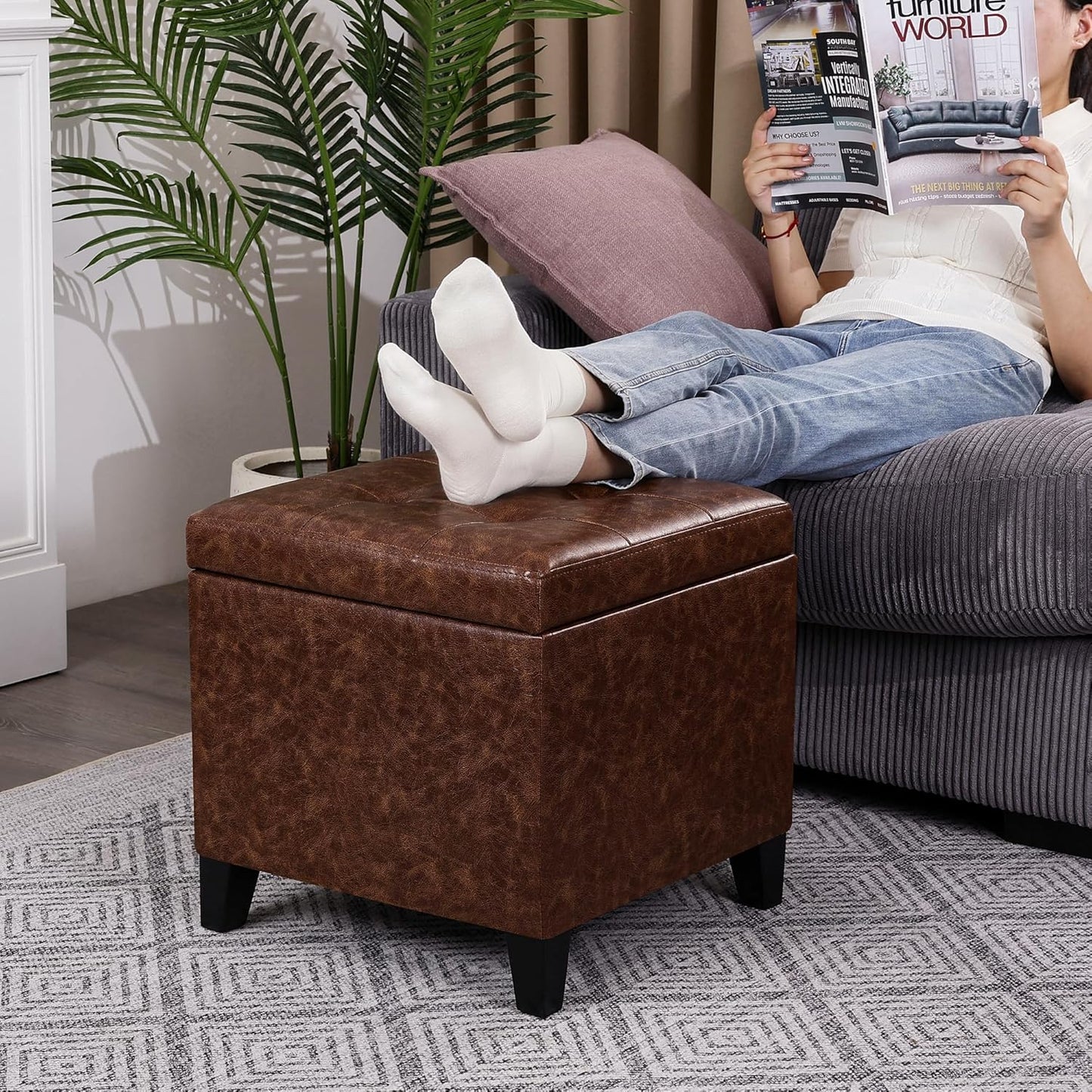 Adeco 18" Storage Ottoman Foot Rest Stool, Walnut Leather Ottoman with Black Solid Wood Legs and Hinged Lid, Small Foot Stool for Living Room, Bedroom