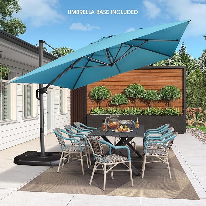 PURPLE LEAF 10' X 13' Patio Umbrella with Base Outdoor Cantilever Rectangle Offset Umbrella with 360-degree Rotation for Garden Deck Pool Patio Turquiose