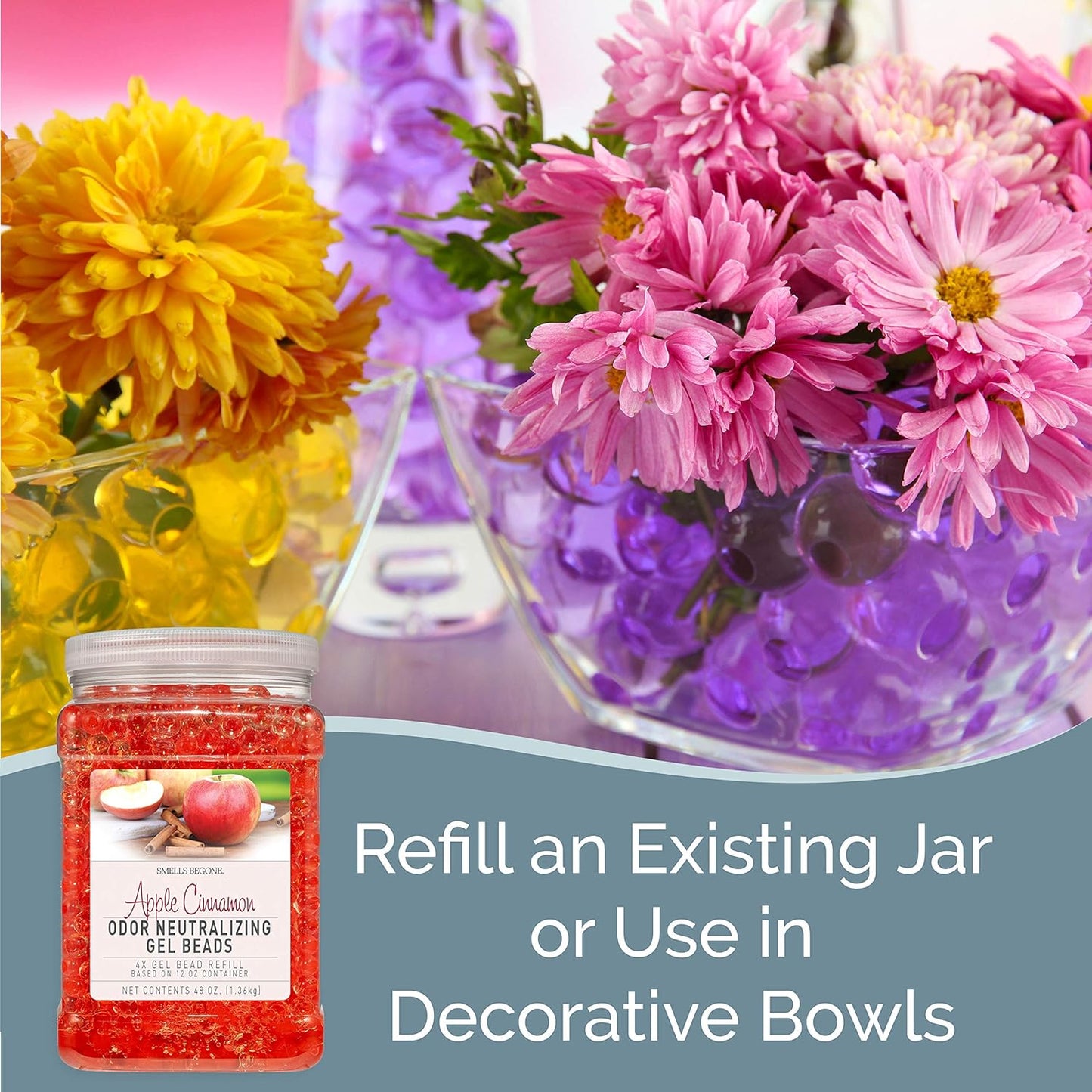 SMELLS BEGONE 48 oz Odor Eliminator Gel Bead Refill - Eliminates Odors from Bathrooms, Cars, Boats, RVs & Pet Areas - Air Freshener - Made with Essential Oils - Apple Cinnamon Scent